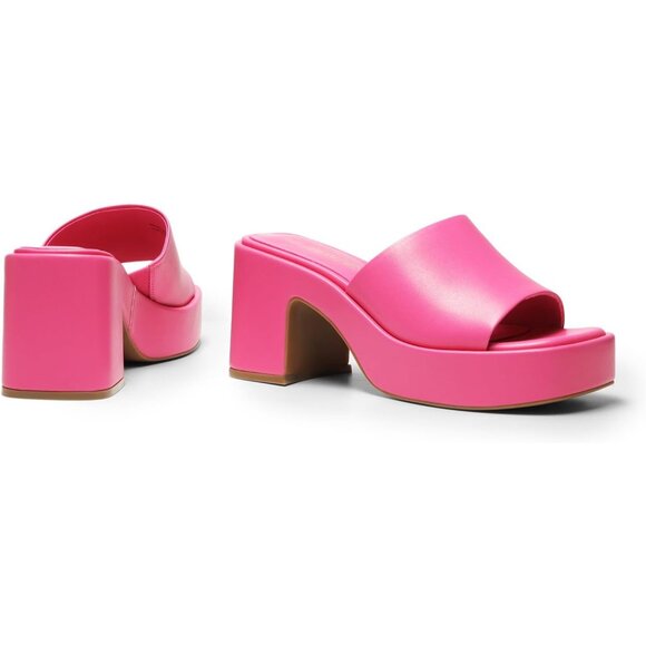 🆕 Women Pink High Chunky Platform Heels Fashion Comfort Slip on Square Sandals - Picture 3 of 6